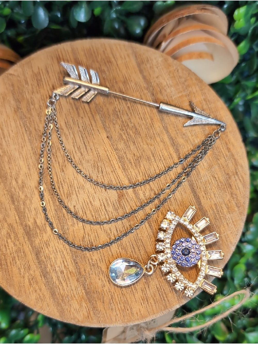 Arrows & Eye Brooch Set with Blue Crystal Center and Chain Accent